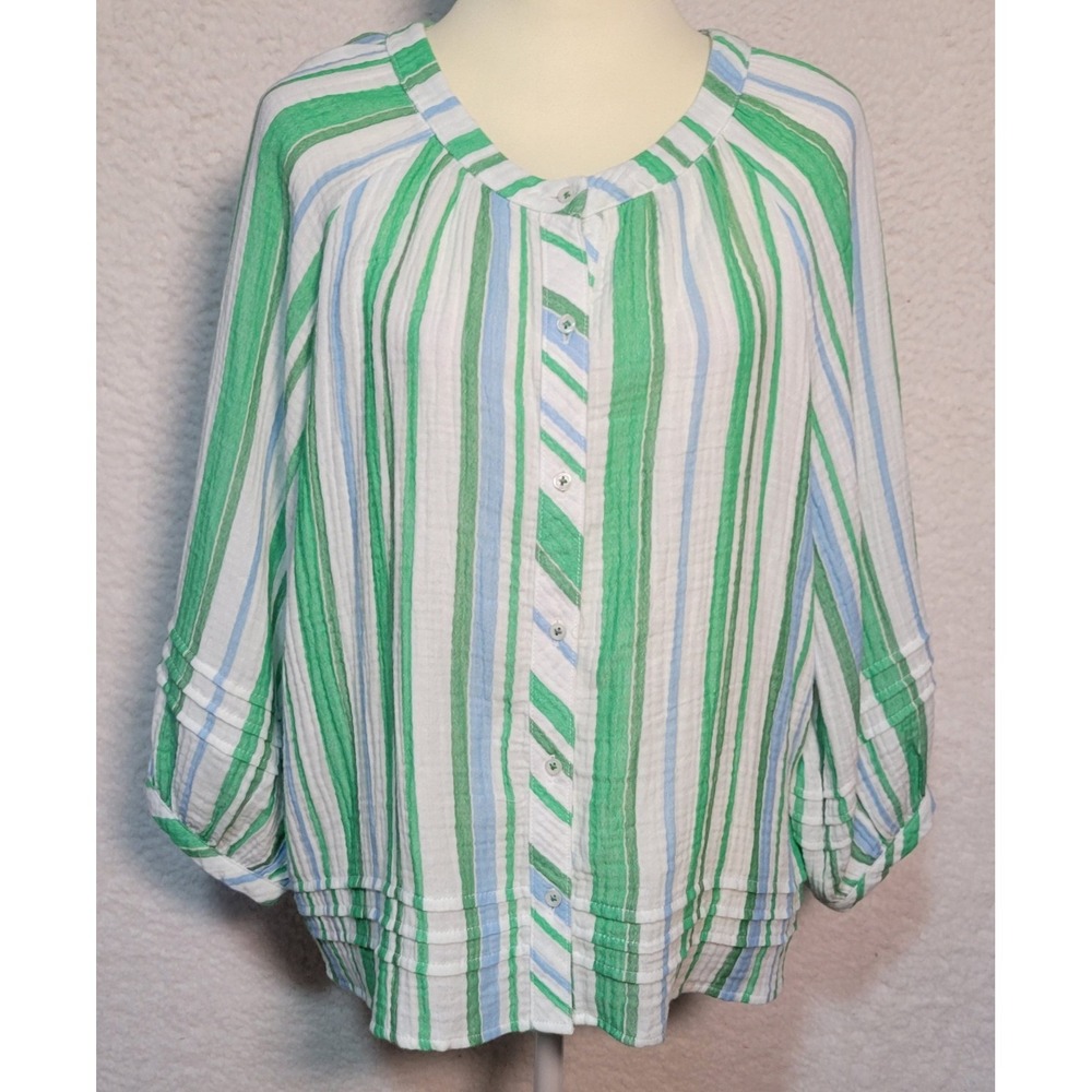 Talbots Puff Sleeve Women's Blouse Size XL Stripe Button 3/4 Sleeve 1959